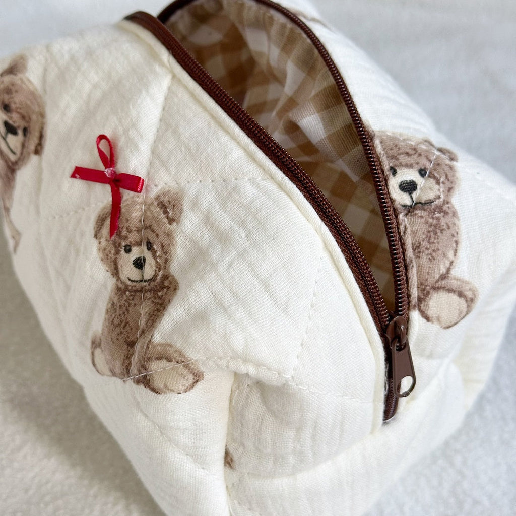 Teddy Bear Bow Quilted Cosmetic Bag